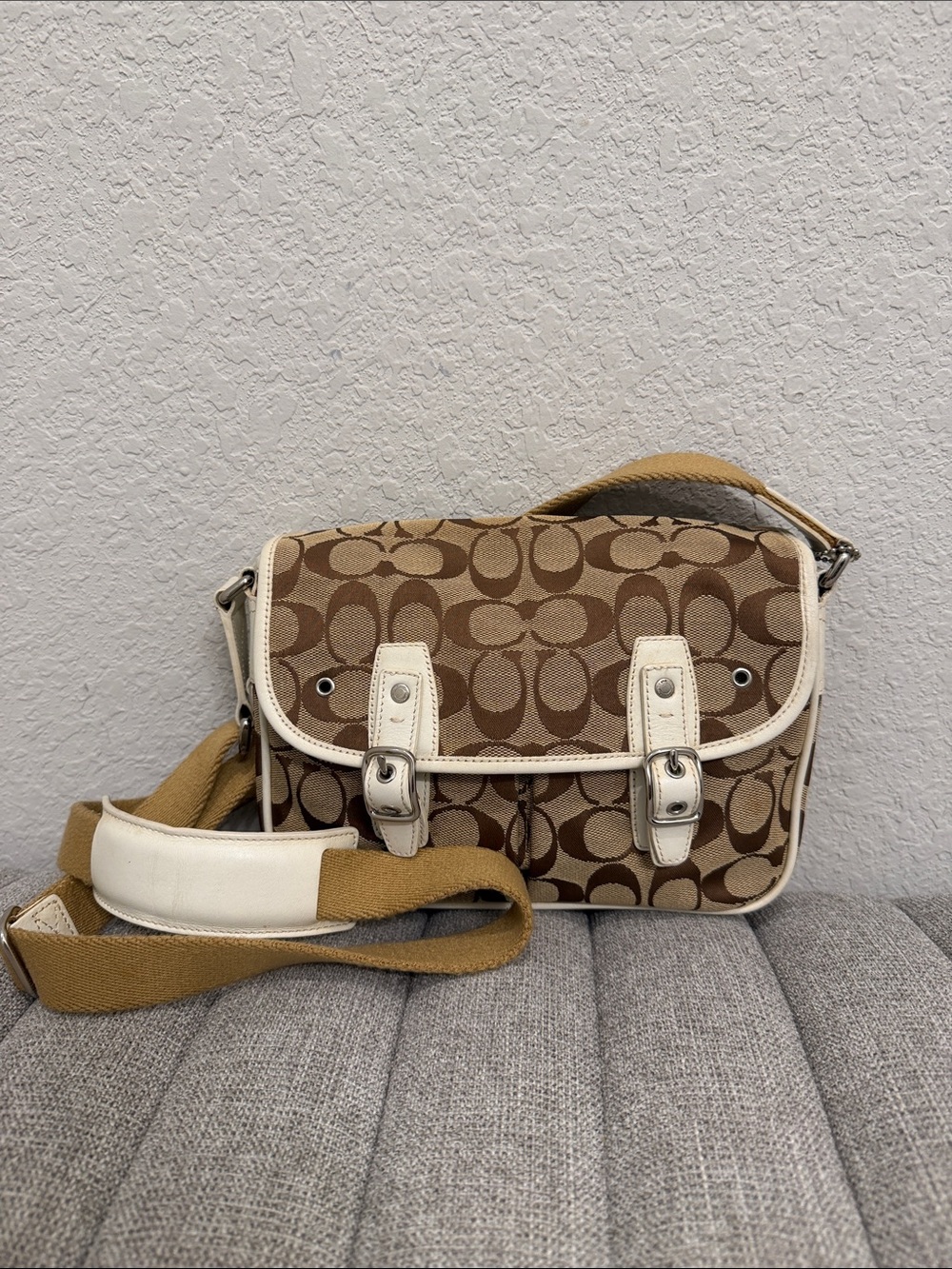 Coach Brown and Cream Signature Canvas Messenger Bag